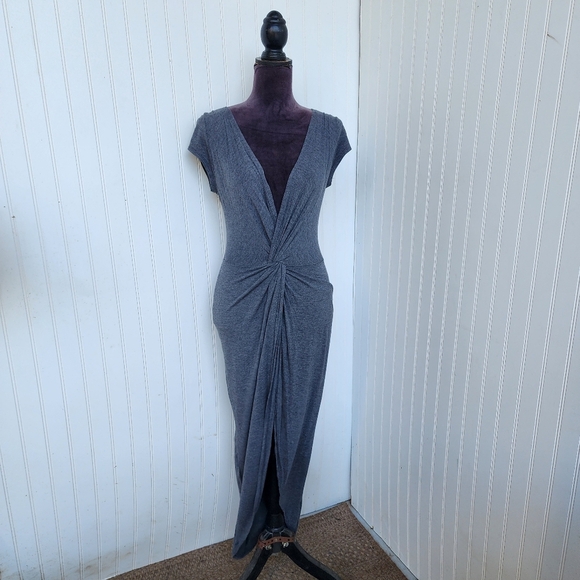 Rolla Costa Gray Charcoal Twisted Front High Low Plunge Neck Cap Sleeve Dress M - Picture 1 of 14
